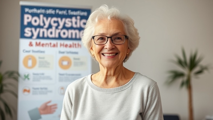 Smiling older woman with educational banner on mental health tips and PCOS.
