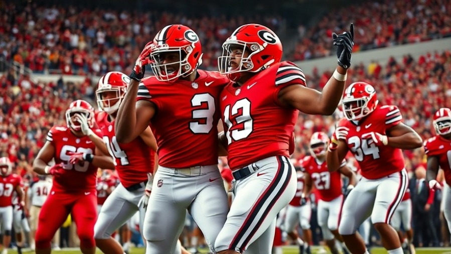 Celebration by Georgia Bulldogs during intense SEC football rivalry game, showcasing vibrant team colors.