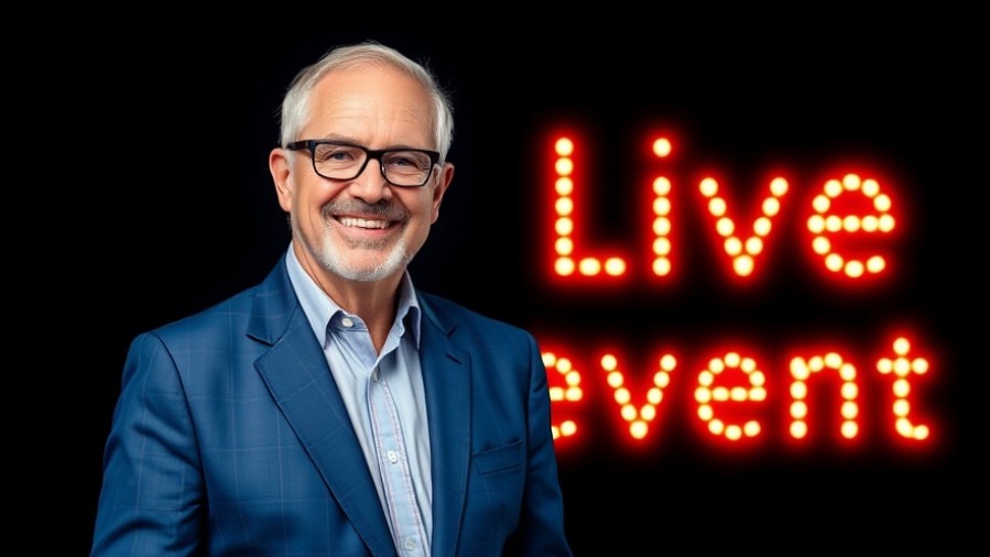 Confident older man in blue suit promoting nutrition and fitness event.