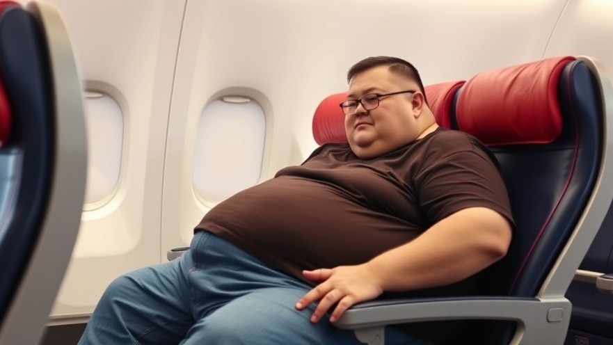 Obese man seated in two airplane seats, reflecting airline industry changes and air travel policies.