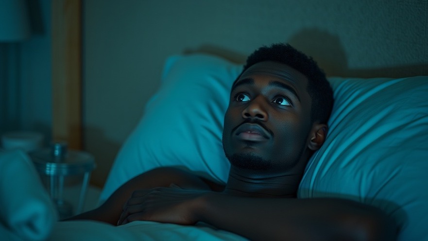 Young black man awake in bed, embodying sleep health and stress management tips.