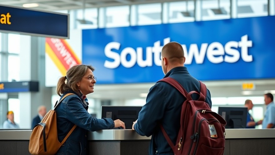 Customer in a Southwest Airlines counter discussing airline baggage policy with staff.
