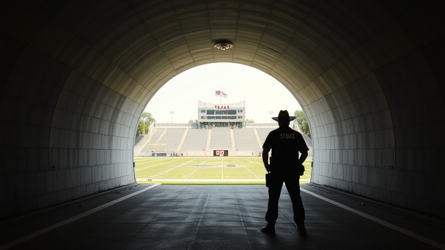 Texas state trooper by football field tunnel, showcasing law enforcement sports interaction.