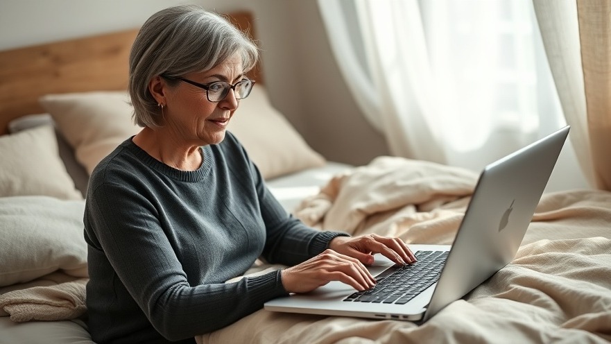 Middle-aged woman in a cozy bedroom engaged in EAP services via online therapy.