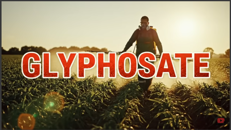 Glyphosate exposure health risks depicted with a hazmat suit spray on food.