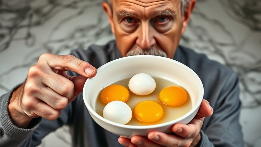 Older man points at a bowl of eggs, showcasing health benefits of eggs and egg nutrition.
