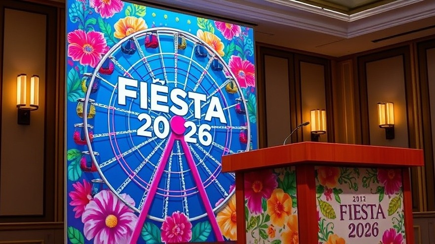 Vibrant Fiesta 2026 poster showcasing floral patterns and a ferris wheel design.