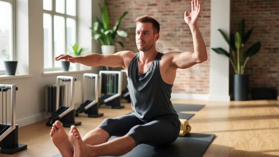 Men practicing pilates for health and wellness and stress relief strategies.
