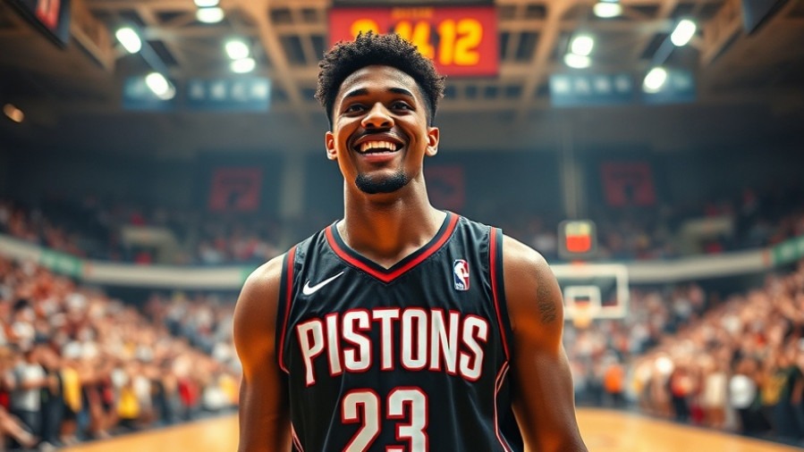 Energetic PISTONS player in black jersey, smiling on court, showcasing November 2025 NBA recap.