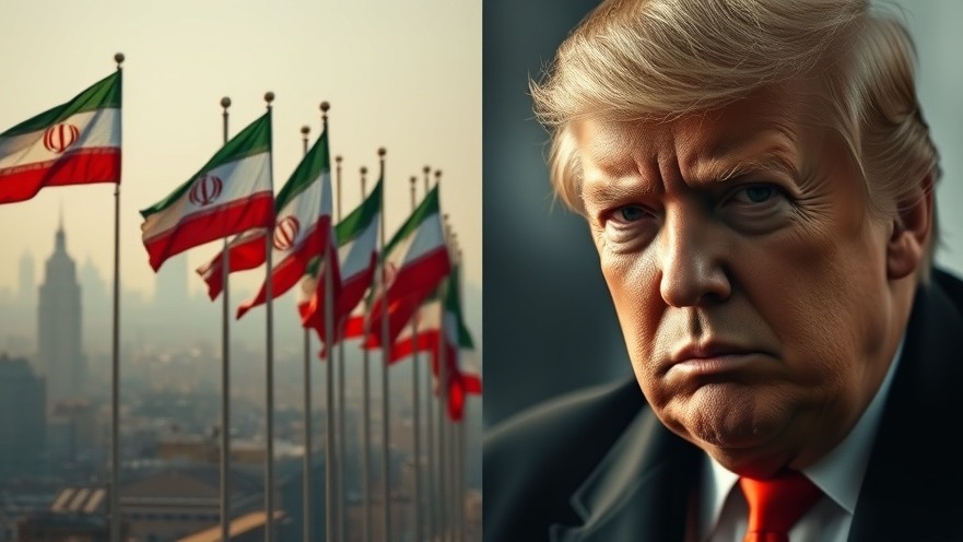 Dramatic image highlighting US foreign policy, featuring fluttering Iranian flags and Trump.