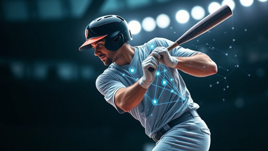 Baseball player swinging bat with AI technology for performance analytics.
