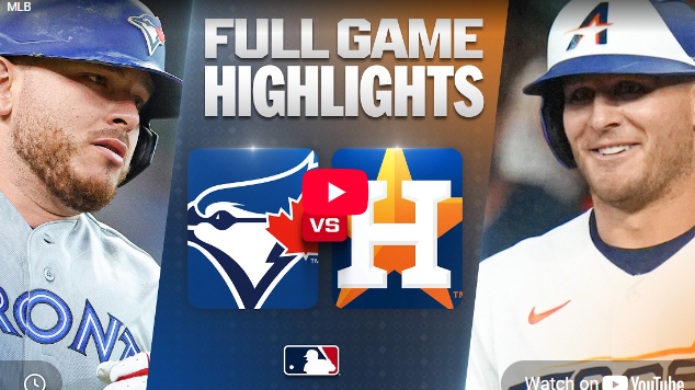 Blue Jays vs. Astros Game Highlights poster with players and team logos.