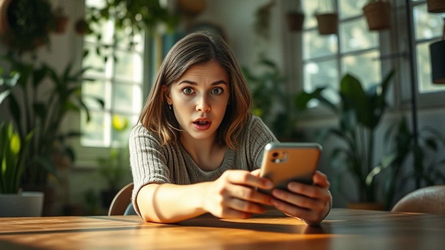 Young woman in a cozy room surprised by smartphone, emphasizing digital wellness.