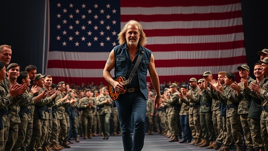 Kid Rock walking confidently past applauding soldiers in Nashville helicopter flight setting.