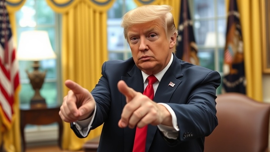 Stern Trump pointing in the Oval Office amidst breaking US news.