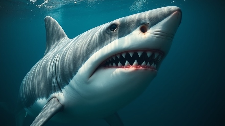 A great white shark displays its teeth, symbolizing cinema evolution and audience nostalgia.