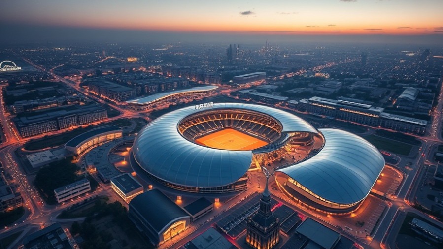 Aerial view of the San Antonio Spurs new arena showcasing futuristic architecture at twilight.