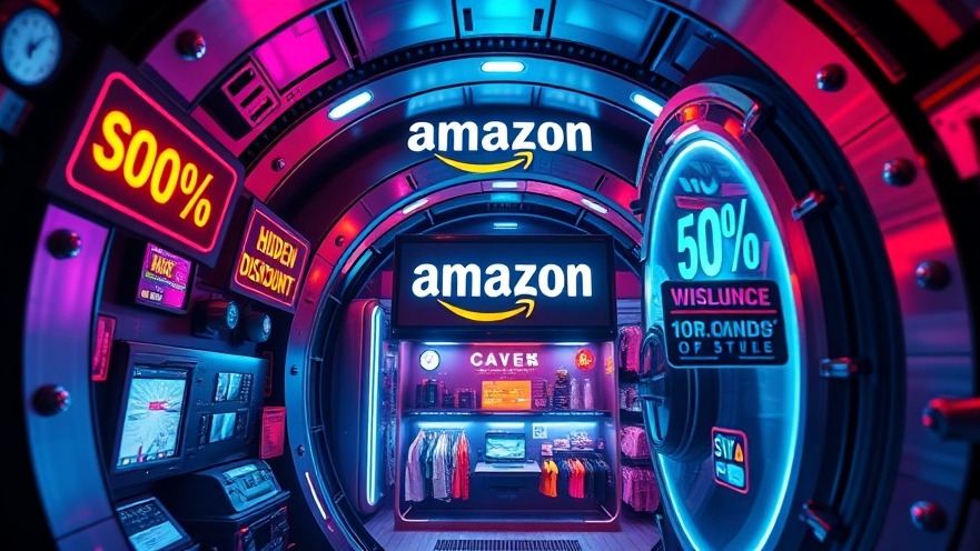 Futuristic vault showcasing hidden Amazon Outlet deals, vibrant neon lights, dynamic discounts.
