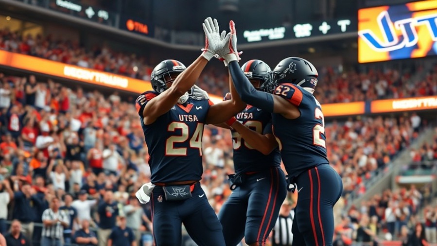 UTSA Roadrunners victory celebration with players high-fiving in vibrant indoor stadium.