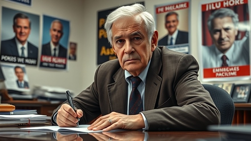 Older man writing solemnly at desk with political posters, reflecting breaking news and current events.
