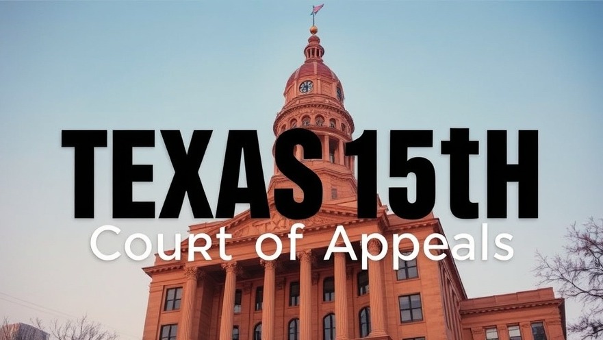 Texas elections 2026 announcement for Texas 15th Court of Appeals with urban courthouse backdrop.