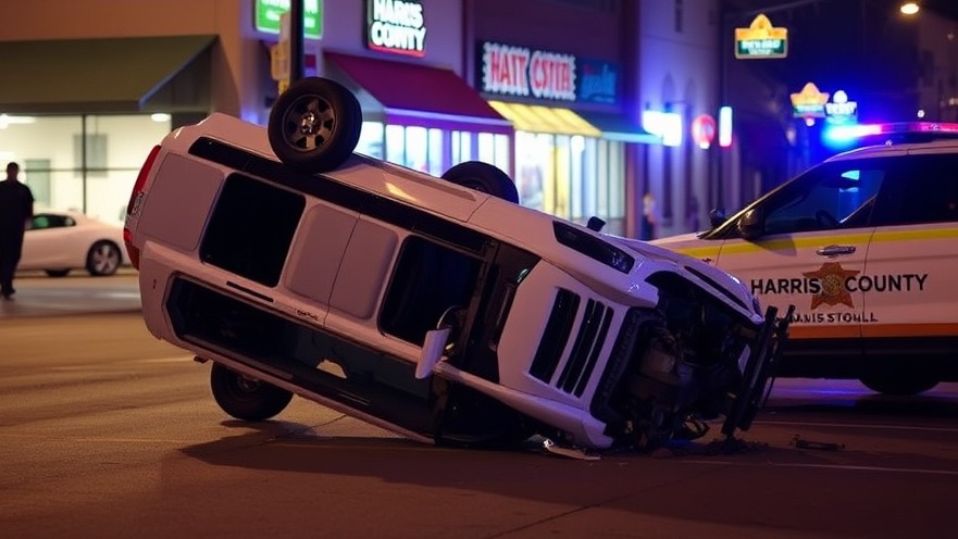 Overturned white SUV at night, showcasing Houston crime news with ambient lighting.