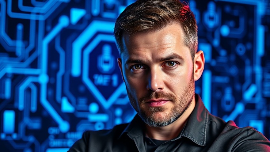 Confident man for podcast on AI technology in law enforcement, dynamic tech background.