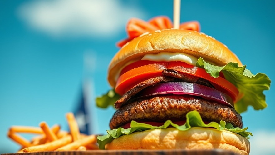 Juicy burger celebrating Texas Independence Day at Dairy Queen Texas, vivid colors.