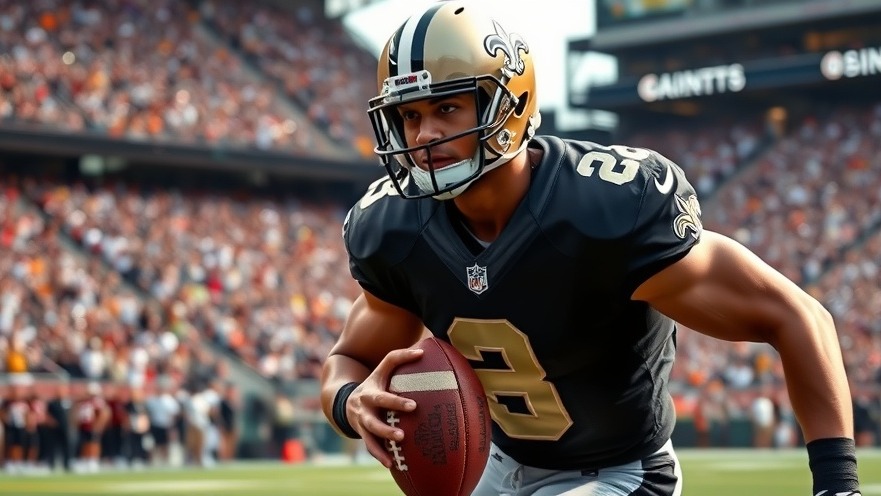 Photorealistic New Orleans Saints player focused on NFL season opener, holding football.