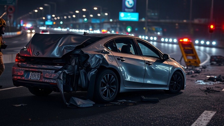 Severely damaged silver sedan at night, highlighting Houston fire department responders post-crash.