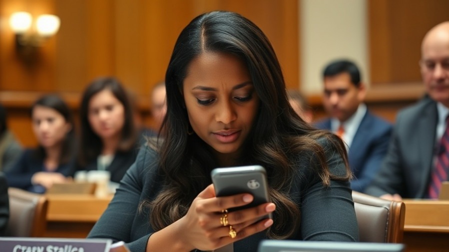 Middle-aged black woman texting during congressional hearing; Congress news today.