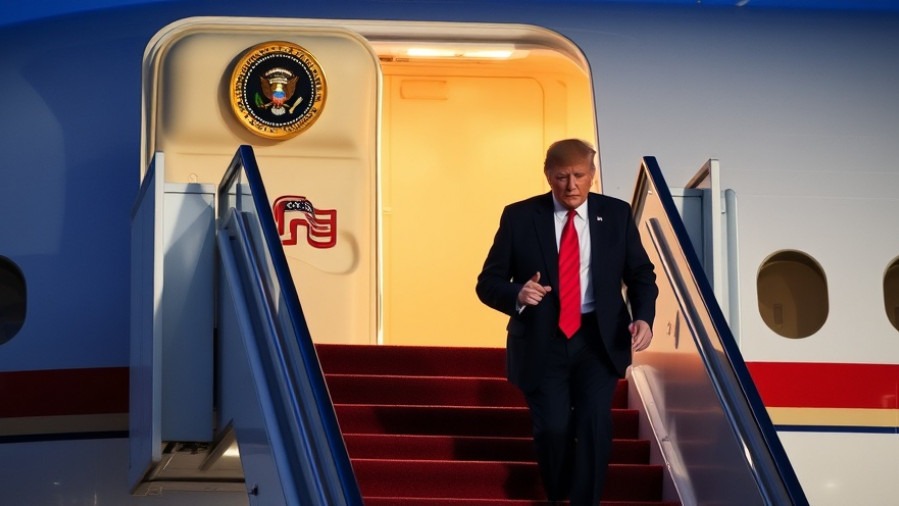 Trump descending airplane staircase amidst secret service news updates.