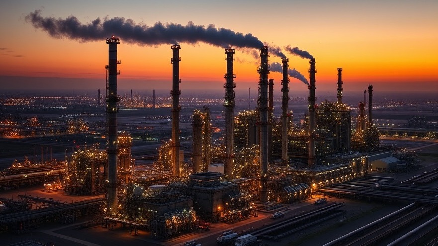 Massive oil refinery representing Brownsville economic growth and sustainability partnerships.