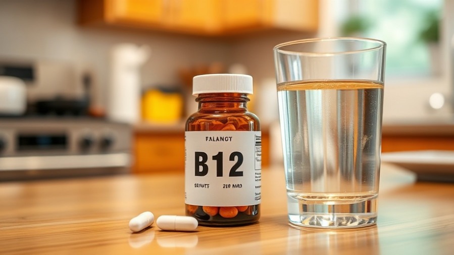 B12 pill bottle and water, promoting mental wellness for seniors.