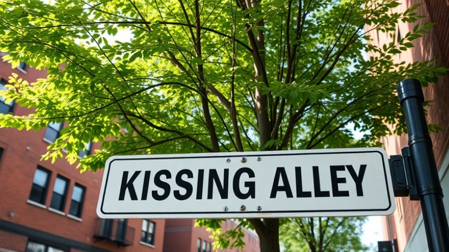 Kissing Alley street sign in San Marcos, highlighting local safety near Texas State University.