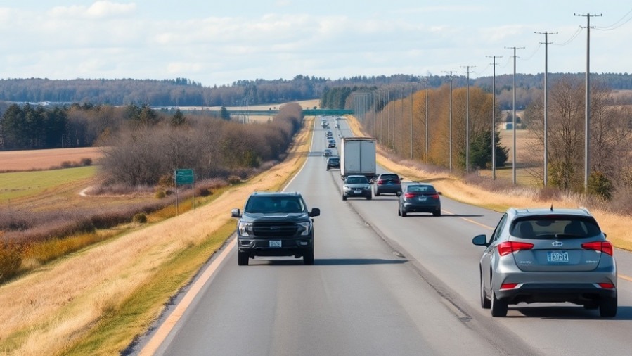 Heavy two-way traffic on a country highway highlighting road safety statistics.