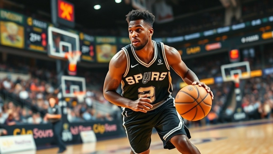 Dynamic SPURS player dribbling in action, showcasing intense focus and vibrant NBA energy.