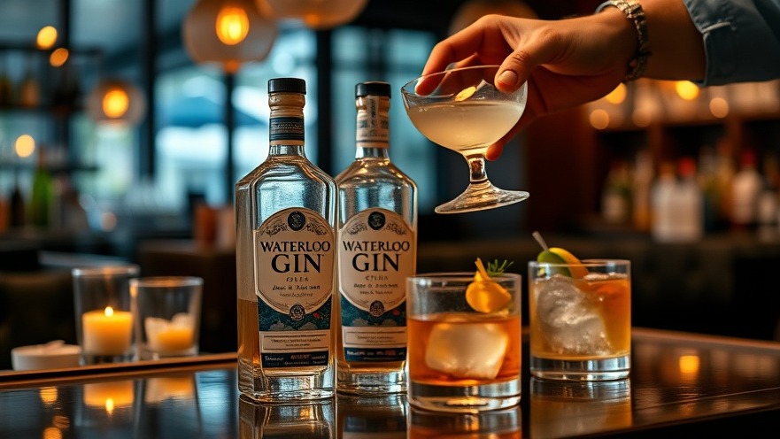Elegant Waterloo Gin bottle and cocktails in cozy Dallas nightlife bar.