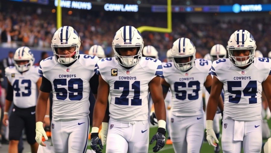 Sad Dallas Cowboys players in white uniforms exit AT&T field after a game loss.