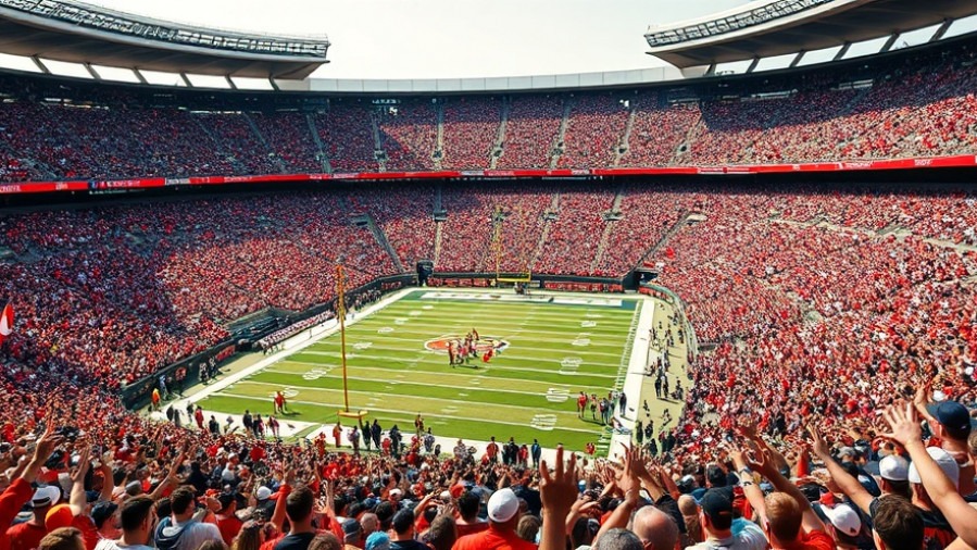 Vibrant crowd celebrating college sports rankings on a football field, bright daylight.