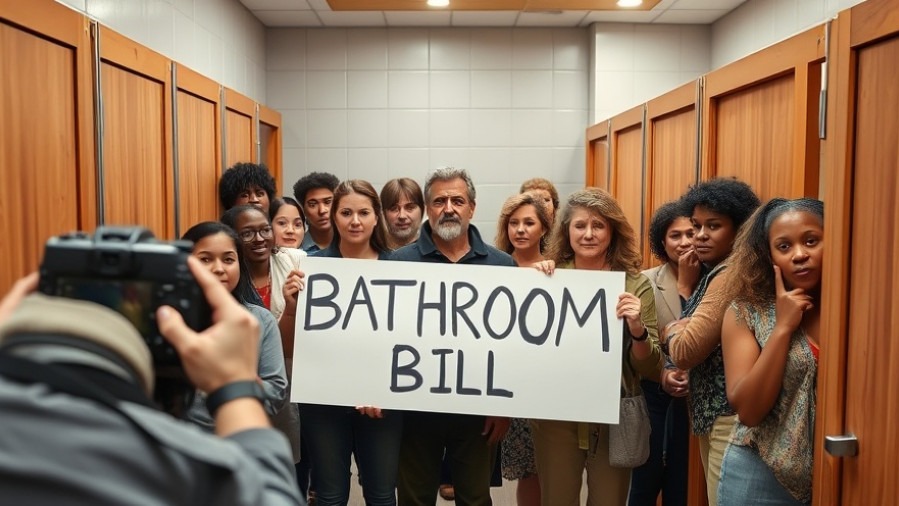 Diverse protesters in a restroom expressing frustration over Texas Senate Bill 8.