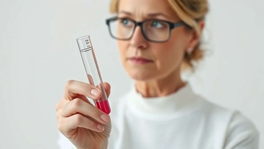 Middle-aged woman holding a test tube with normal cholesterol levels, highlighting LDL cholesterol.