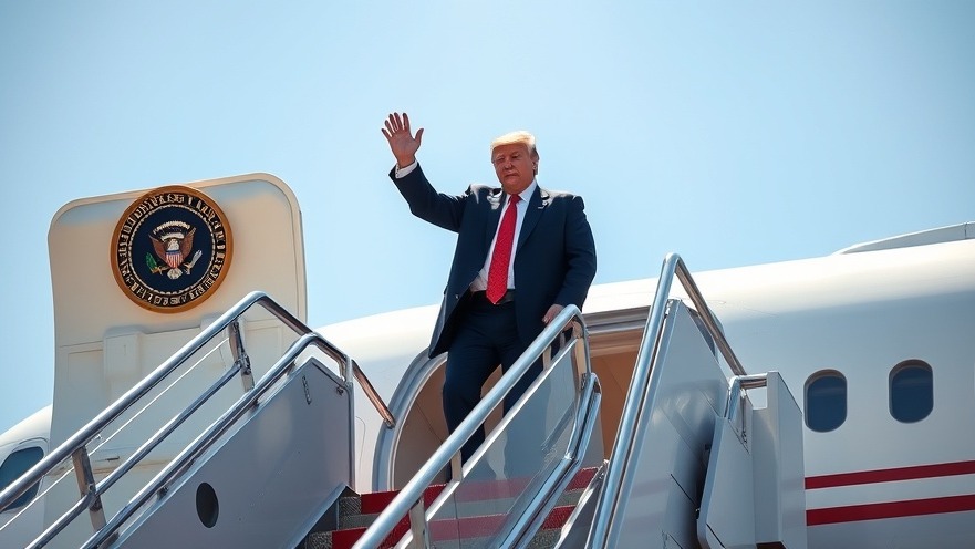 President Rump waves goodbye from airplane steps, highlighting mass deportation program impact.