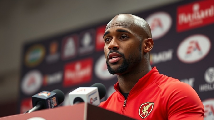 Confident bald black man in red sports attire at podium, reflecting Houston Texans' sports resilience.