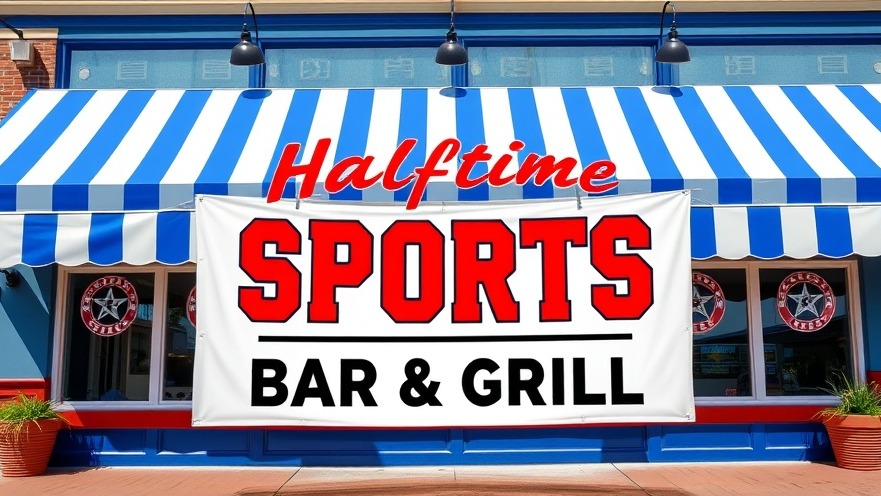 Promotional banner for Halftime Sports Bar & Grill in Cedar Park, showcasing local dining news.