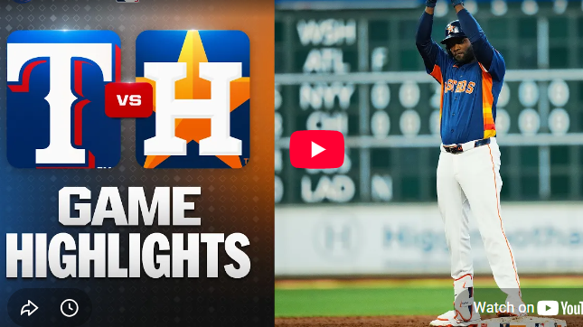 Astros vs Rangers Highlights showing player celebrating on base.