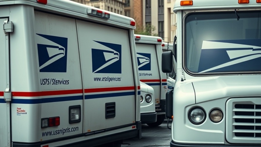 Close-up of USPS mail trucks showcasing New Year's Eve postal services in an urban setting.