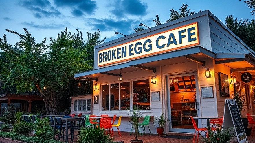 Modern Broken Egg Cafe exterior showcasing San Antonio dining culture with inviting outdoor seating.