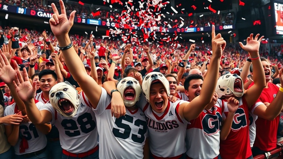 Energetic Georgia Bulldogs fans celebrating victory in a vibrant college football playoff atmosphere.