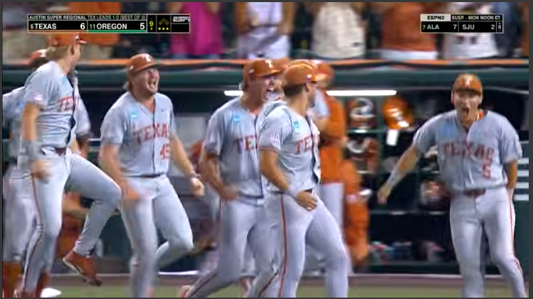 Texas Longhorns vs. Oregon Ducks baseball game scene showing players in action.